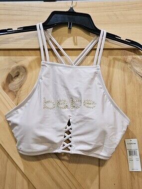 NWT | bebe Crystal Rhinestone Logo Strappy Swim Top | XL